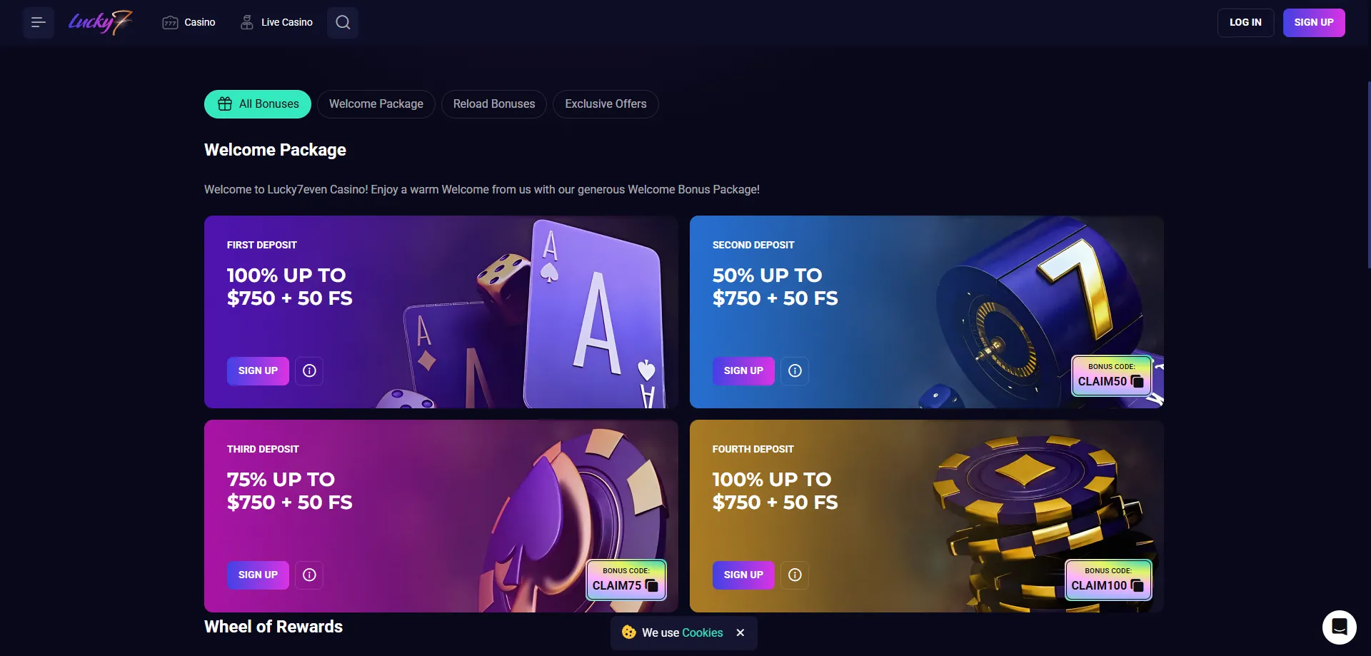 Lucky Seven casino welcome bonus — 250% up to €3,000 and 350 free spins